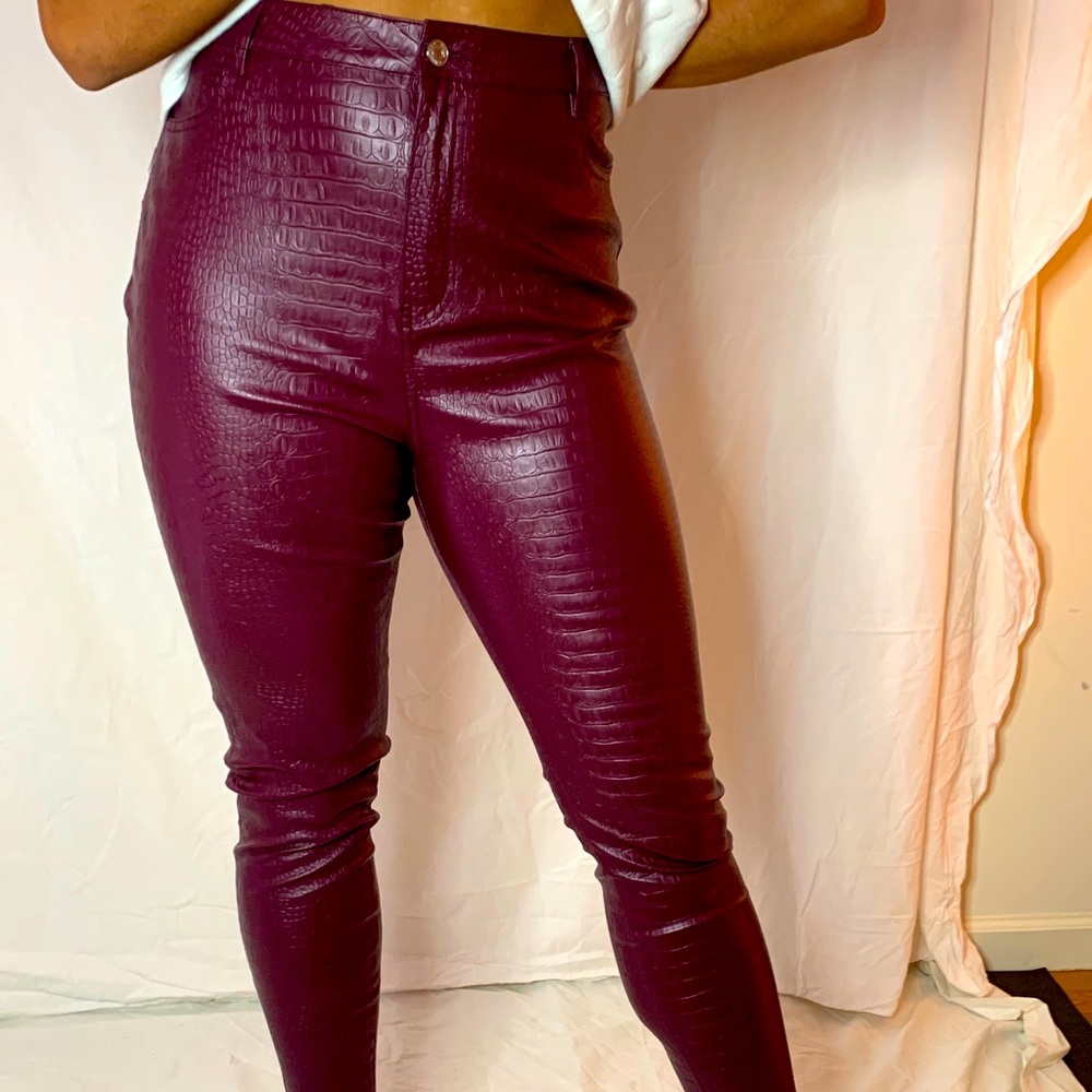 Faux leather croc pants burgundy